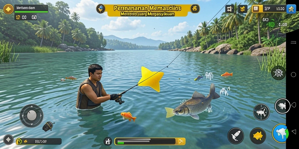 Tampilan gameplay 6CF yang menampilkan keseruan memancing di danau.