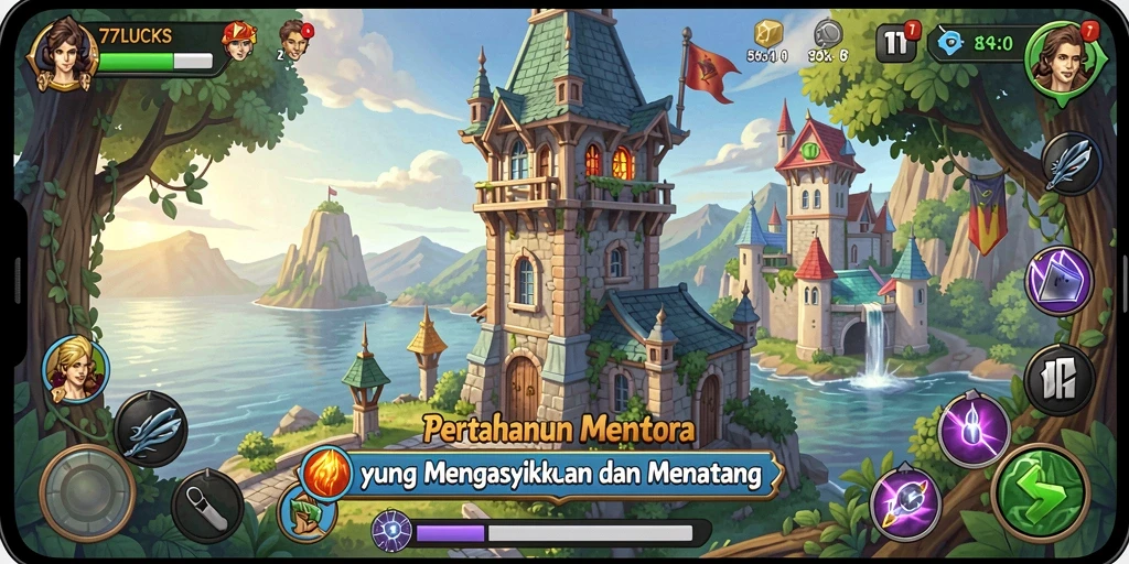 Tangkapan layar utama 77LUCKS menampilkan gameplay menara bertahan yang intens.