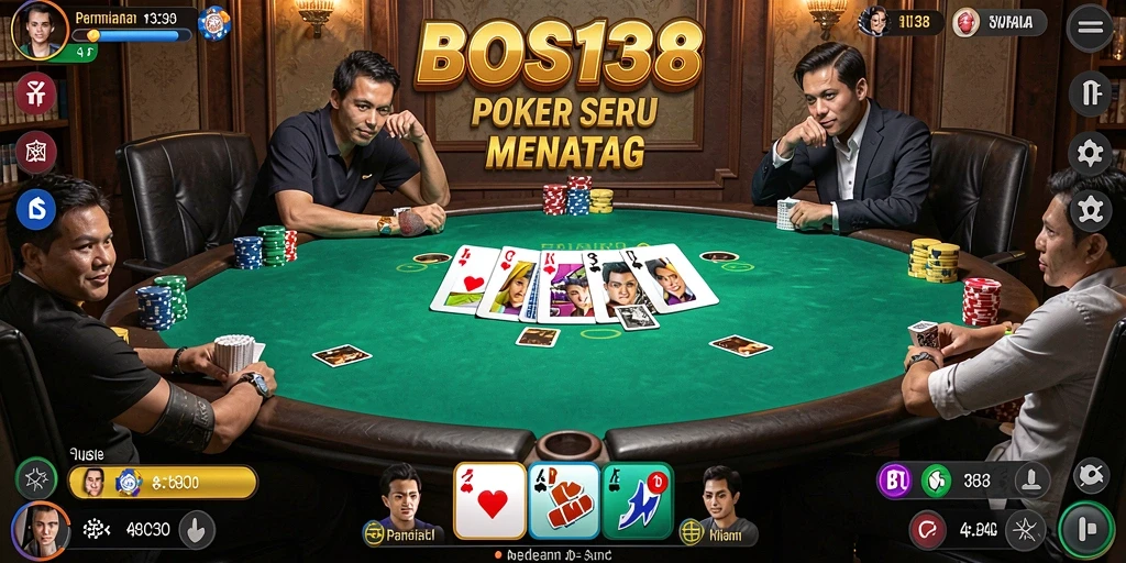 Tampilan gameplay seru di aplikasi BOS138, menampilkan aksi poker yang mendebarkan.