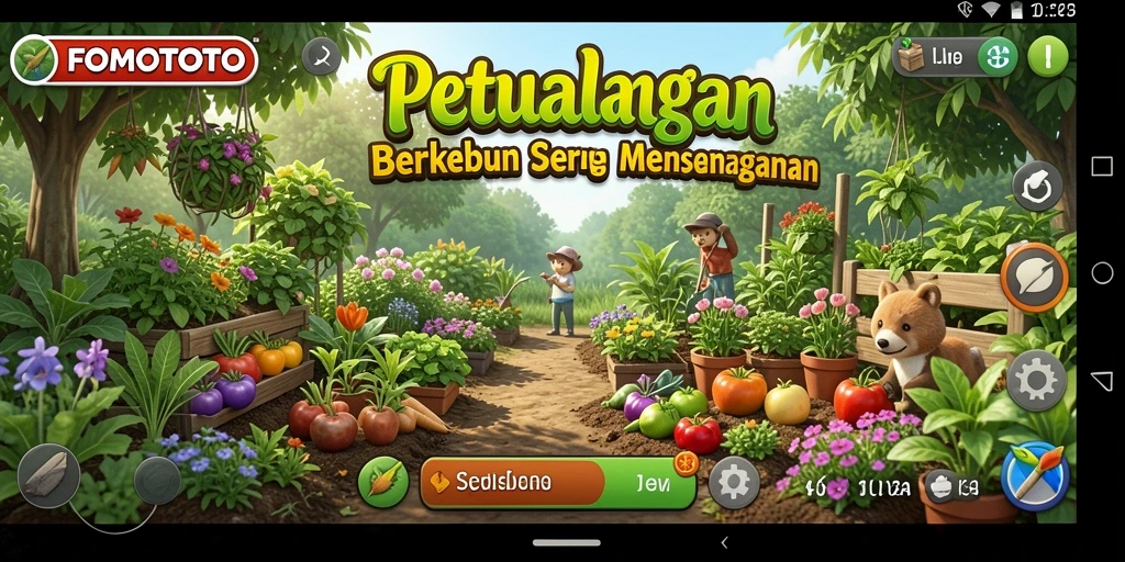 Screenshot gameplay <strong>FOMOTOTO</strong> menampilkan aktivitas berkebun yang seru.