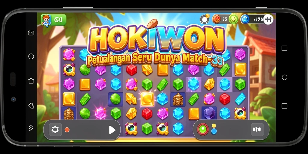 Gameplay seru HOKIWON dengan suasana match-3 yang penuh warna.