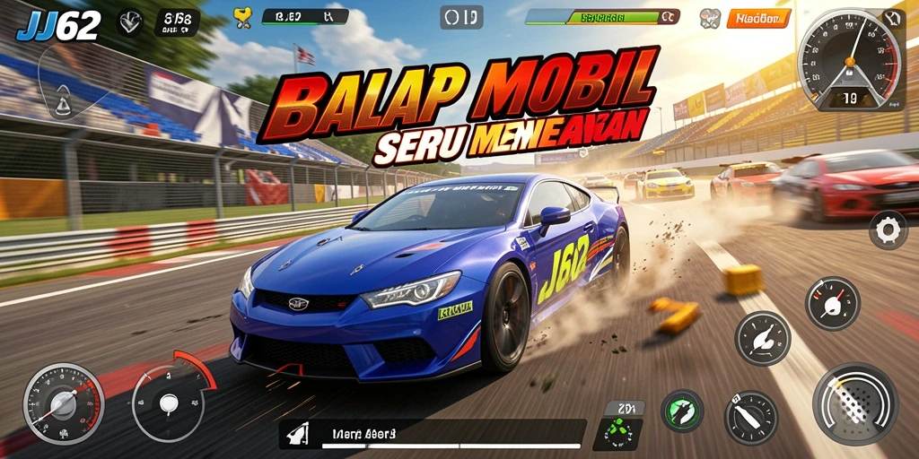 Screenshot gameplay JJ62 dengan balapan mobil menegangkan di lintasan.