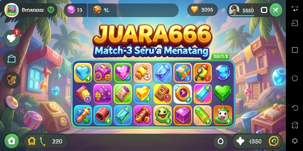 Gameplay seru JUARA666 dengan permata berwarna-warni.