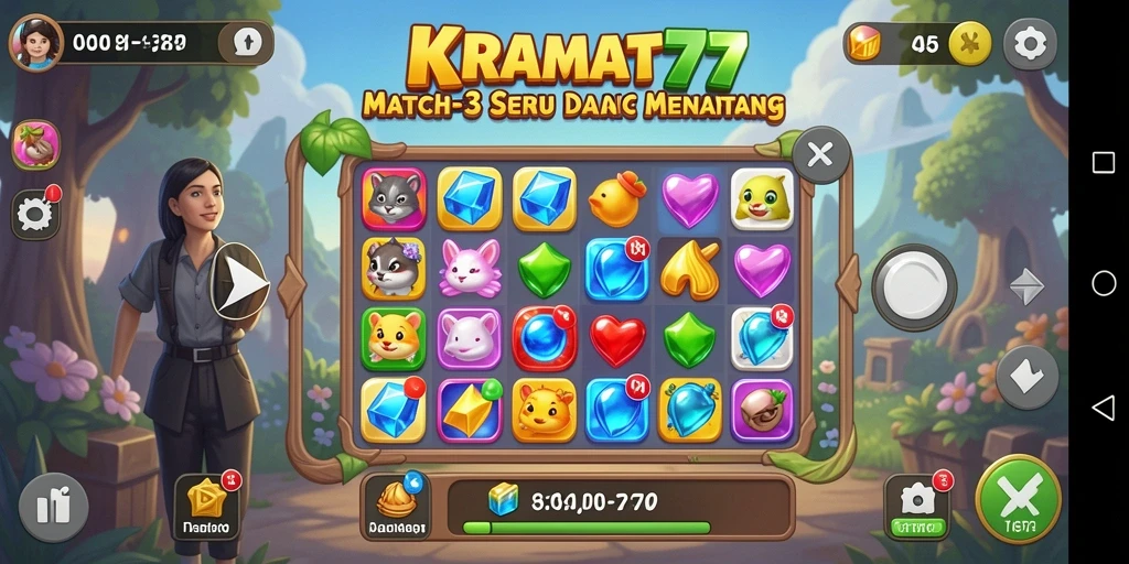 Screenshot utama KRAMAT77 menampilkan gameplay Match-3 yang seru.