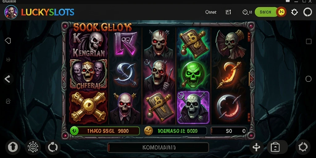 Gameplay menyeramkan LUCKYSLOTS dengan simbol dan efek suara yang mencengkeram.