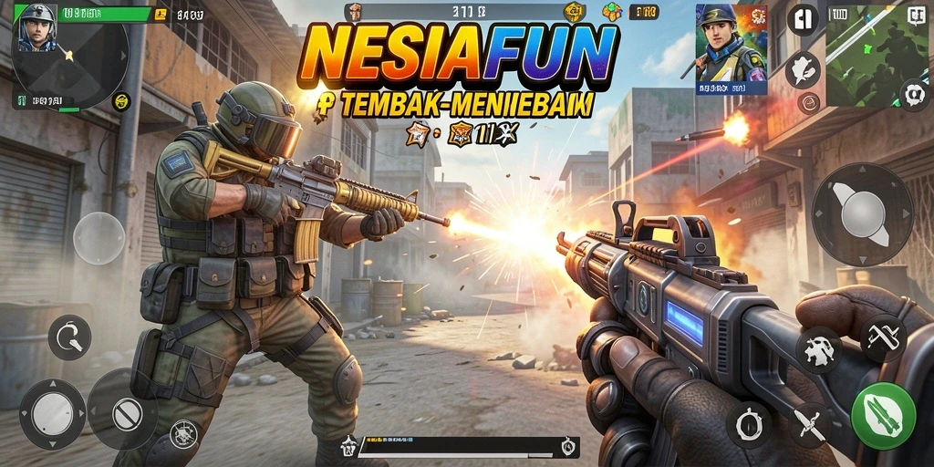 Tangkapan layar gameplay NESIAFUN menampilkan aksi tembak-menembak yang dinamis.