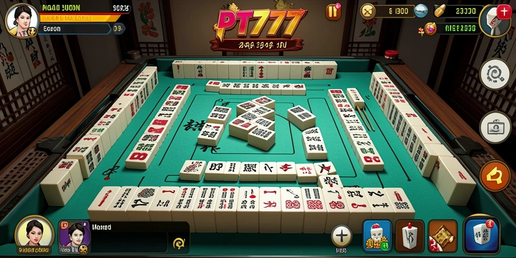 Tampilan gameplay PT777 dengan ubin Mahjong yang berwarna-warni.