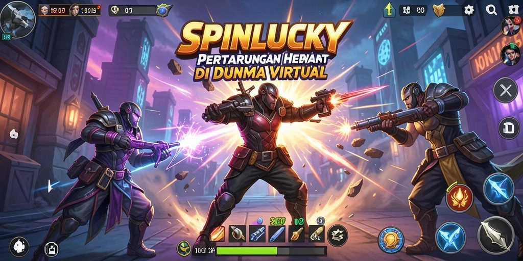 Tampilan gameplay pertarungan hebat dalam SPINLUCKY dengan karakter yang beragam.