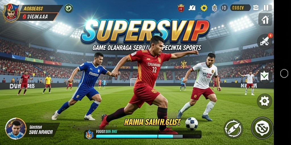 Screenshot utama SUPERSVIP menampilkan aksi penuh semangat dalam olahraga.