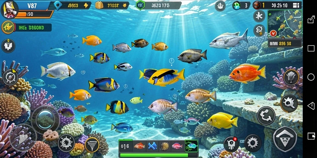 Tampilan gameplay menarik dari V87 yang menampilkan aksi Tembak Ikan.